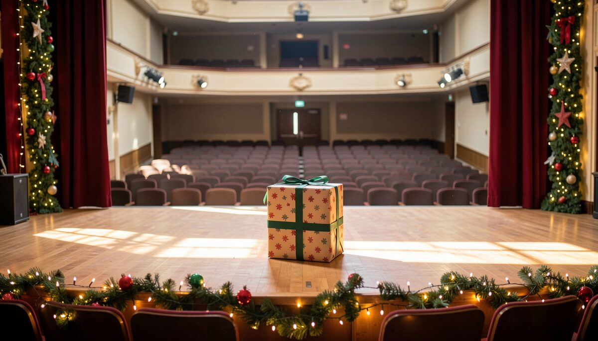 A theater stage decorated for a holiday performance with warm string lights and a large wrapped prop gift, empty auditorium behind, no text or signs