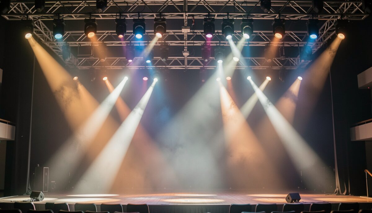 A row of stage lights on an overhead rig aimed down at an empty wooden stage, light haze in the air, warm and cool beams crossing, no performers or readable text
