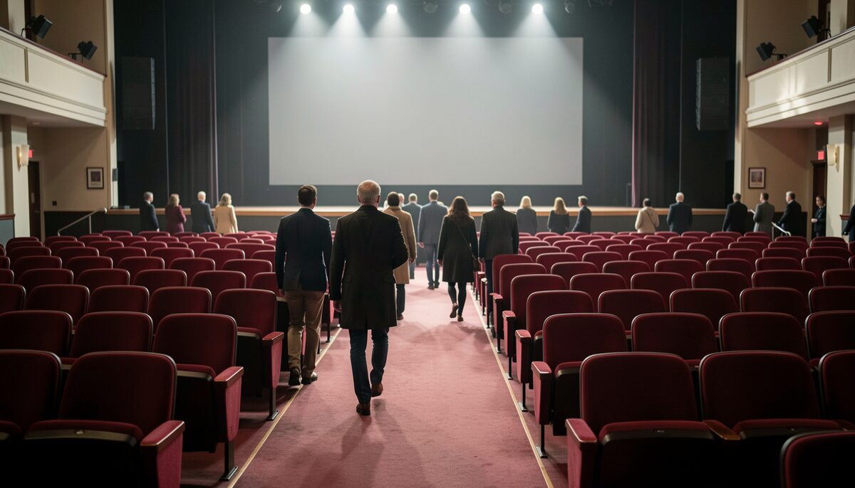 An auditorium emptying after a show, people in coats walking up the aisle between red seats, stage lights fading, no readable signs