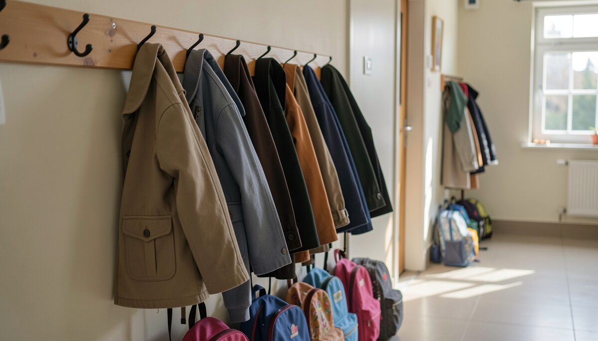 Schoolchildren's coats hanging on a row of hooks in a hallway, morning light, small backpacks below, no names or readable text