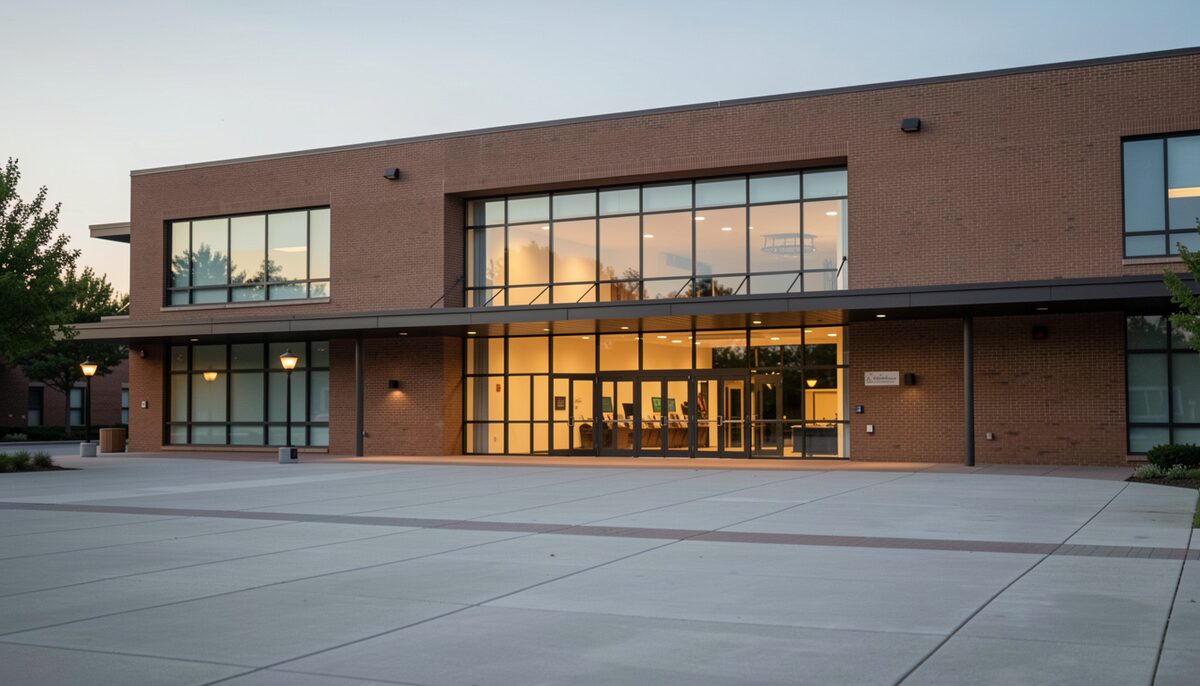 A modern performing arts center exterior at dusk with glass entrance glowing warm, empty plaza in front, brick and glass, no readable signage